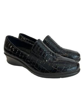 Ecco Felicia Leather Court Shoe Womens 5.5 Black Patent Croc Print Wedge EUC